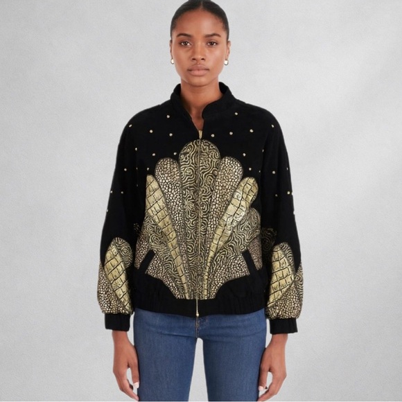 Julian K Jackets & Blazers - Julian K. Vintage Black & Gold Woman’s Leather Bomber Jacket M Art Deco Style